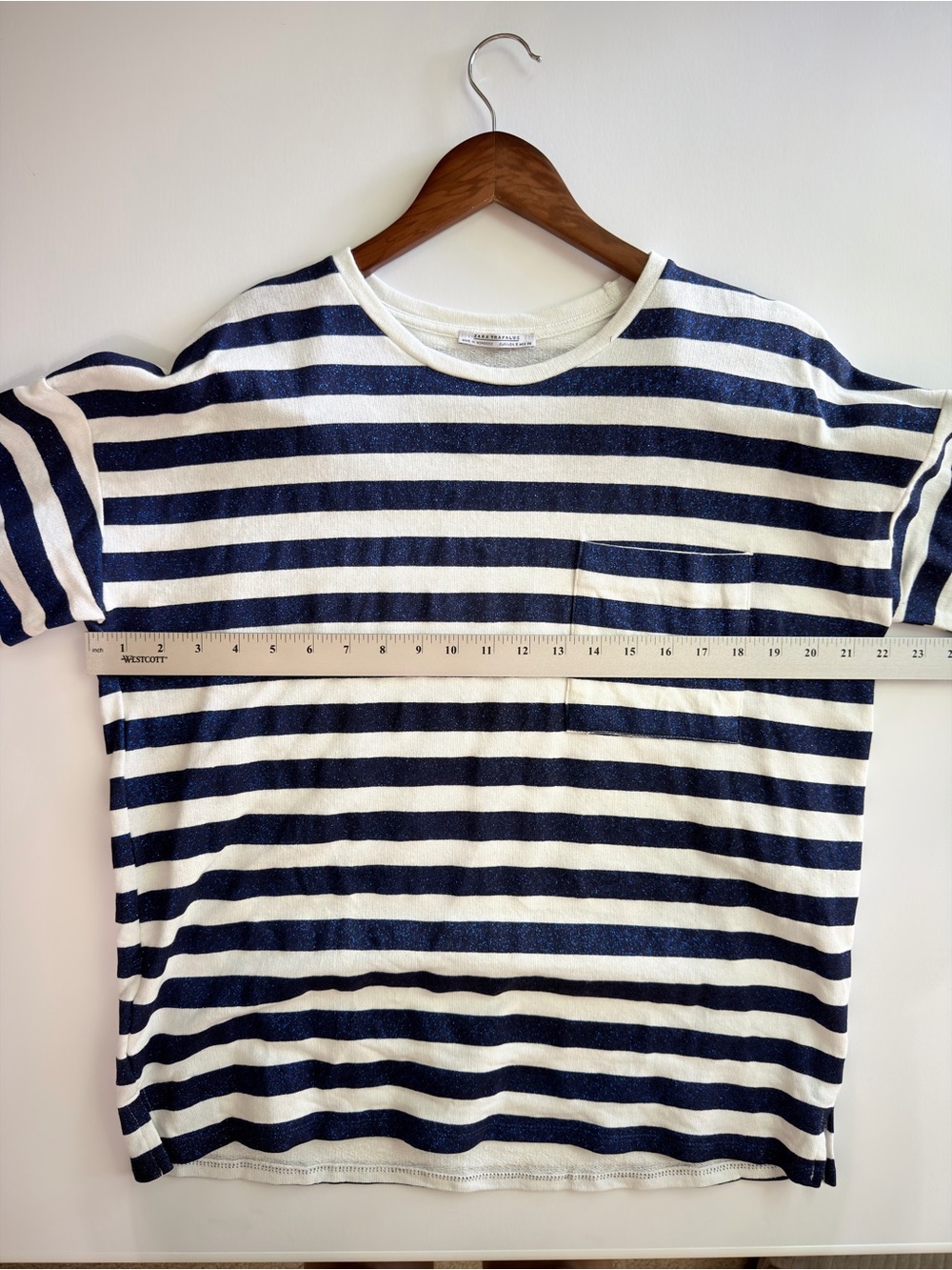 Zara Trafaluc Metallic Navy Blue & White Striped Oversized Pocket Tee - Picture 9 of 14